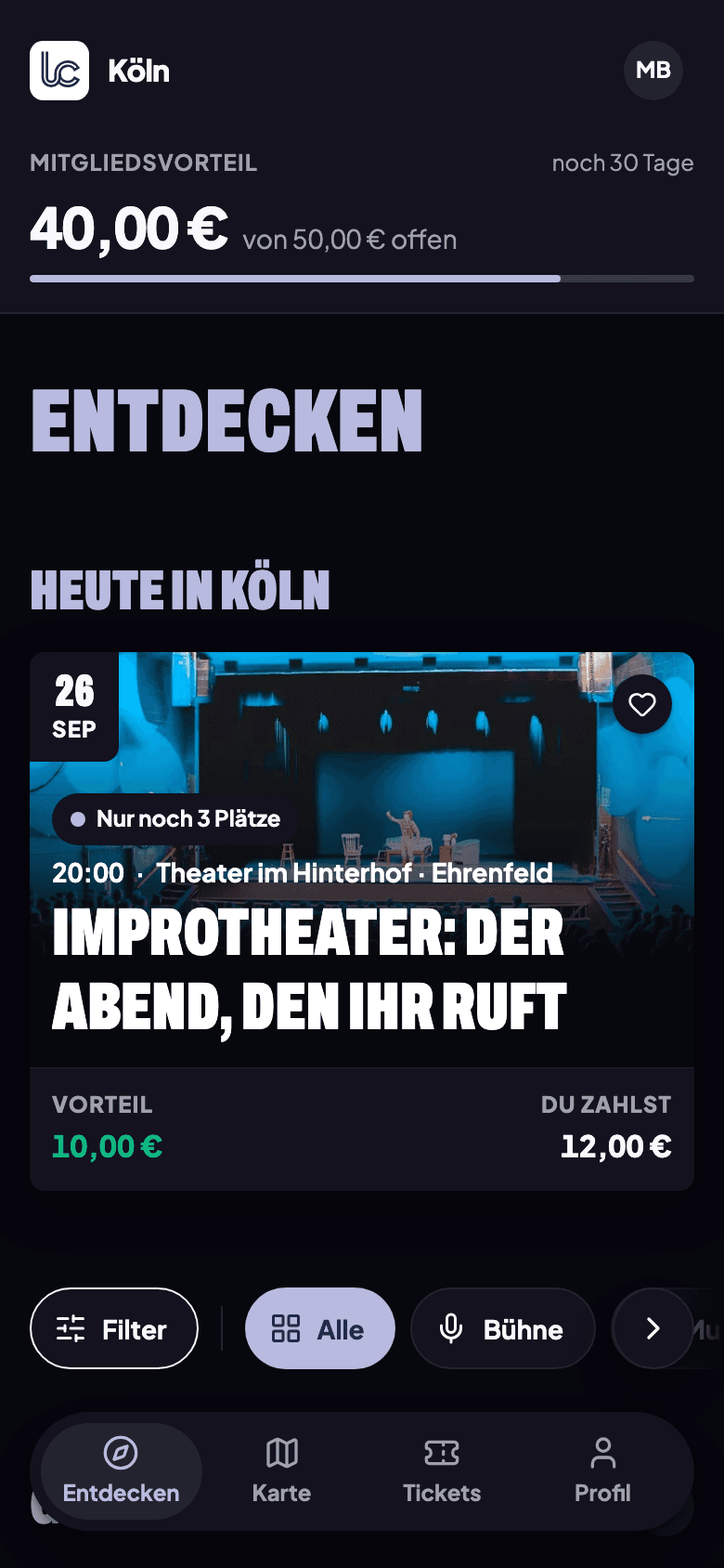 Die App: Entdecken mit dem Mitgliedsvorteil oben, dem Tagesplakat für heute und den Filtern darunter